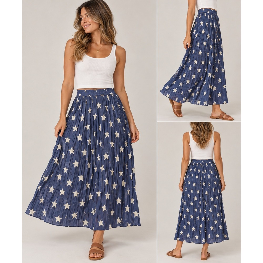 Cambridge Country Store Maxi Skirt Womens S Blue Star Print Pleated Americana